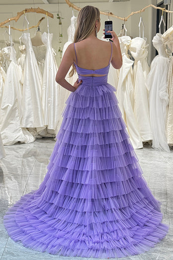 Purple A Line Cut Out Sweetheart Tiered Long Prom Dress With Slit