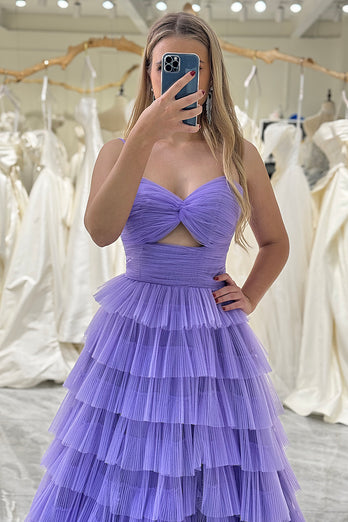 Purple A Line Cut Out Sweetheart Tiered Long Prom Dress With Slit