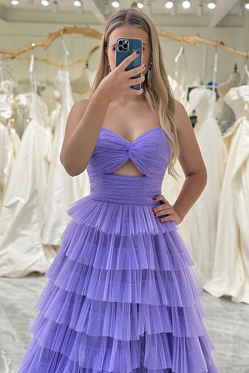 Load image into Gallery viewer, Purple A Line Cut Out Sweetheart Tiered Long Prom Dress With Slit