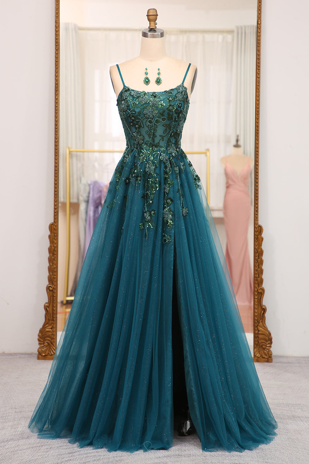 Dark Green A Line Appliqued Long Prom Dress With Slit