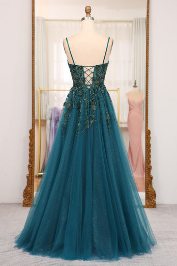 Dark Green A Line Appliqued Long Prom Dress With Slit