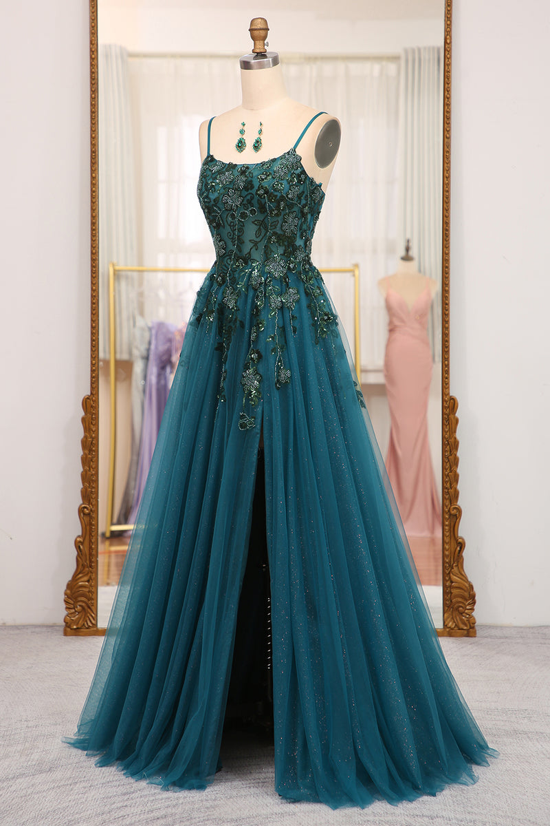 Load image into Gallery viewer, Dark Green A Line Appliqued Long Prom Dress With Slit