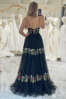 Load image into Gallery viewer, Black A Line Spaghetti Straps Long Prom Dress With Appliques