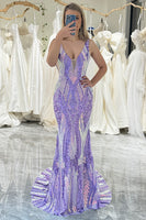 Load image into Gallery viewer, Queendancer Women Sparkly Purple Mermaid Long Prom Dress With Sequins Backless V Neck Formal Dress