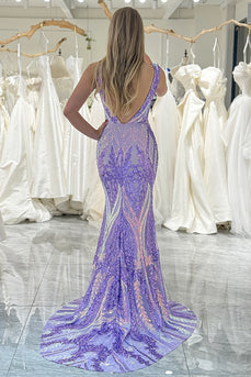 Sparkly Purple Mermaid Backless Long Prom Dress With Sequins