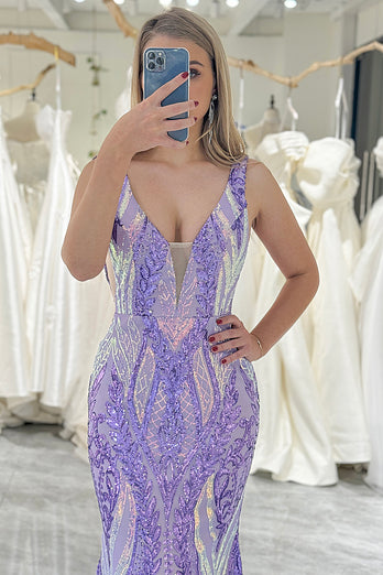 Sparkly Purple Mermaid Backless Long Prom Dress With Sequins