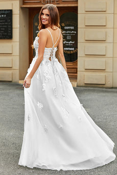 White A-Line Tulle Spaghetti Straps Long Corset Prom Dress with Appliques
