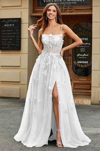 Queendancer UK Women White A-Line Spaghetti Straps Long Corset Prom Dress with Appliques Debutante Ball Gown
