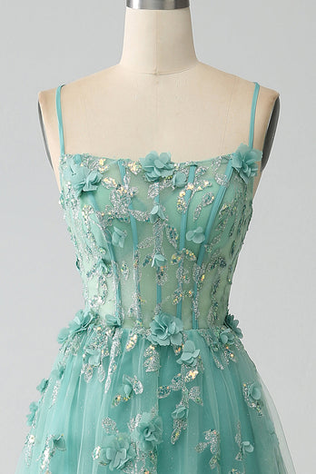 White A-Line Tulle Spaghetti Straps Long Corset Prom Dress with Appliques