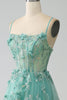 Load image into Gallery viewer, White A-Line Tulle Spaghetti Straps Long Corset Prom Dress with Appliques