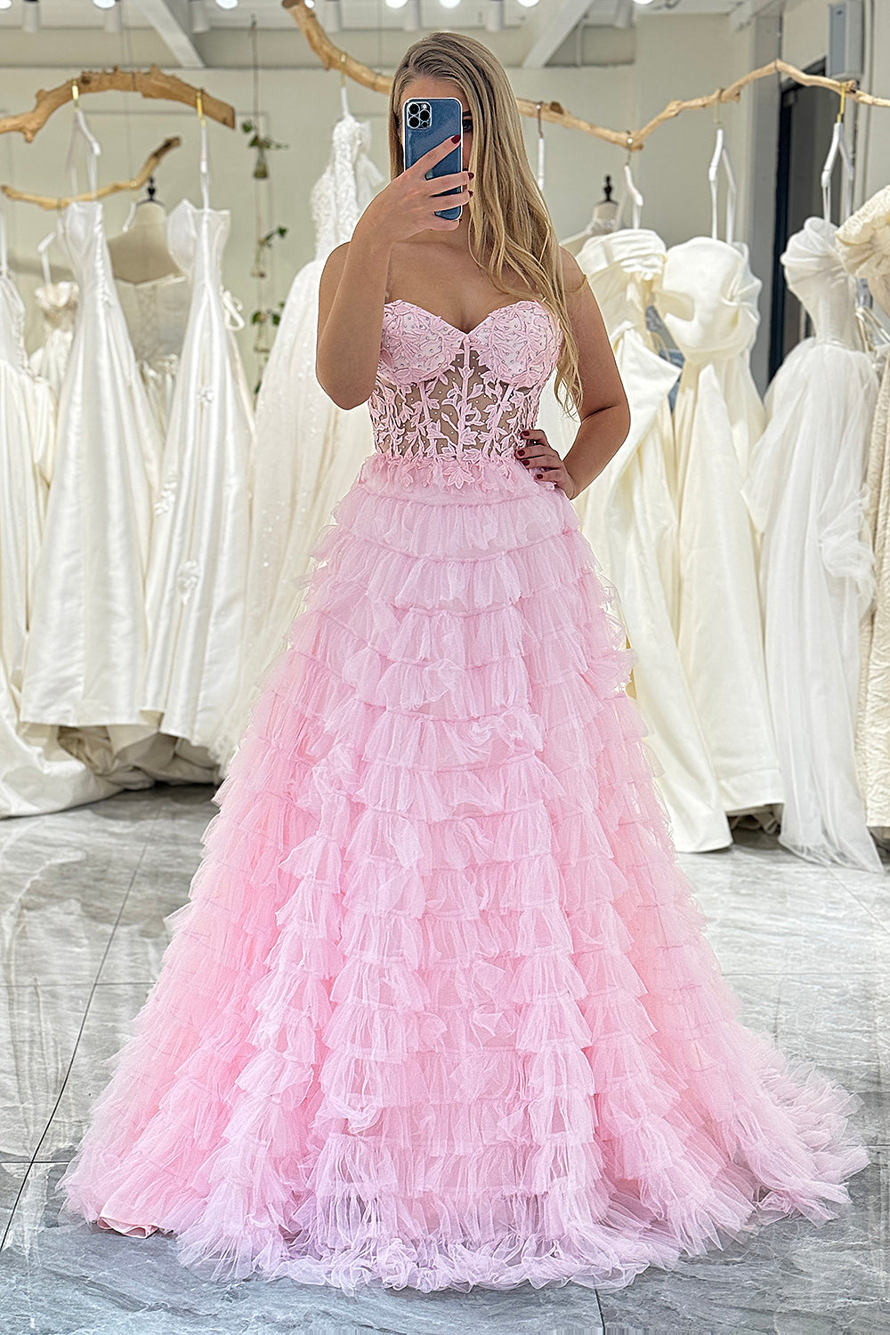 Pink A Line Sweetheart Tiered Long Corset Prom Dress