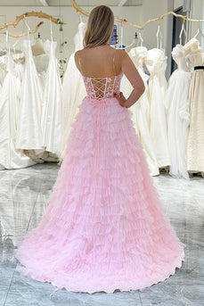 Pink A Line Sweetheart Tiered Long Corset Prom Dress