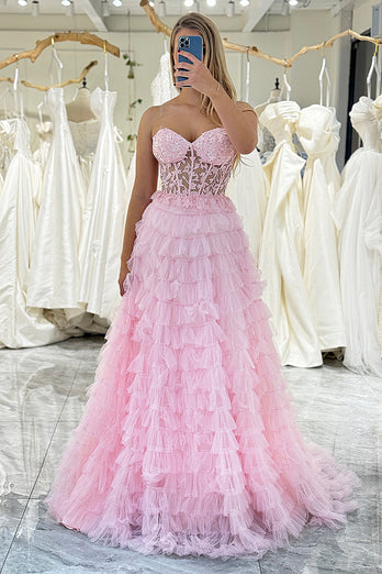 A Line Coral Sweetheart Tiered Long Corset Prom Dress