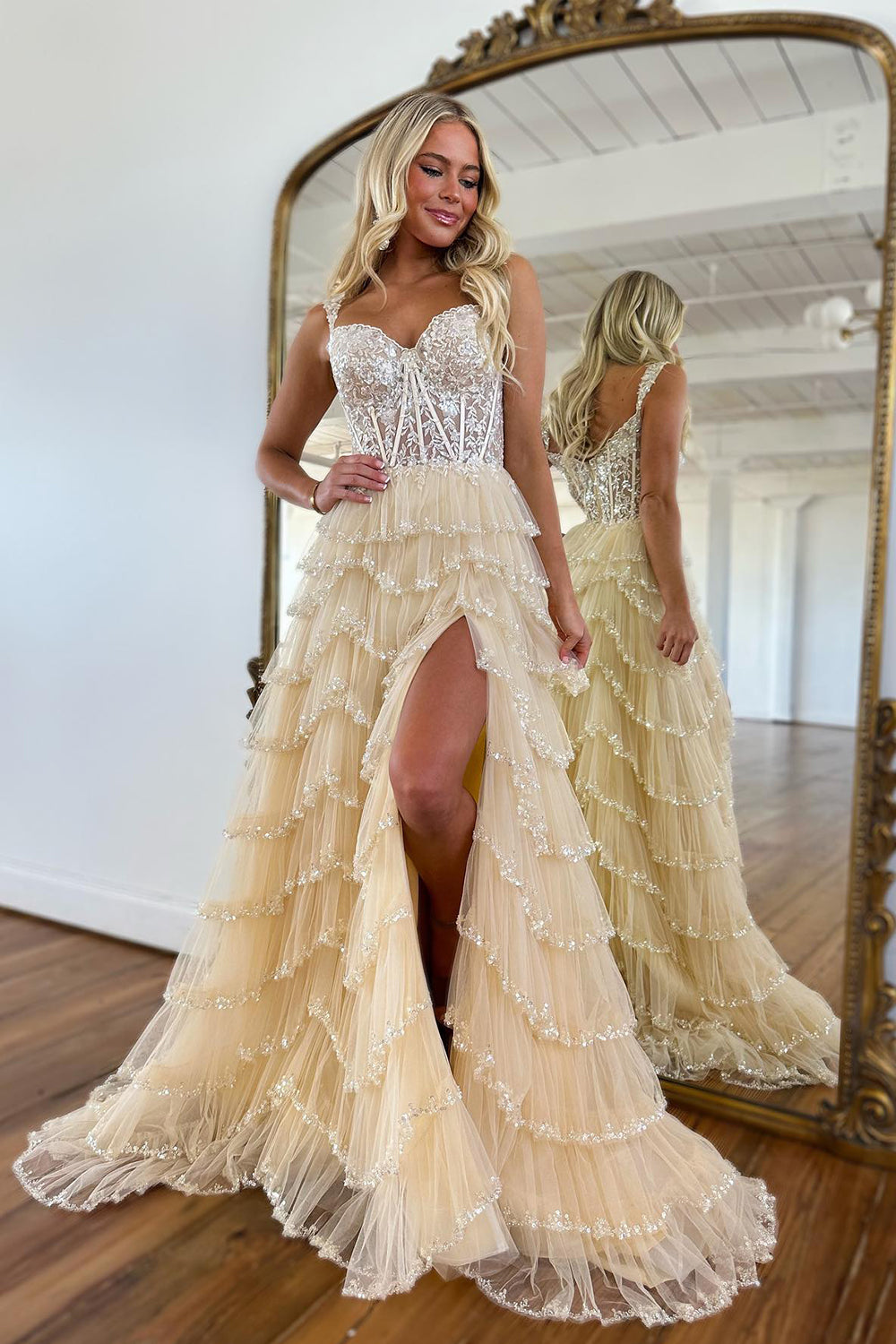 Sparkly Beige A Line Corset Tiered Long Tulle Prom Dress With Slit