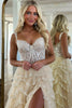 Load image into Gallery viewer, Sparkly Beige A Line Corset Tiered Long Tulle Prom Dress With Slit