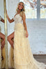 Load image into Gallery viewer, Sparkly Beige A Line Corset Tiered Long Tulle Prom Dress With Slit