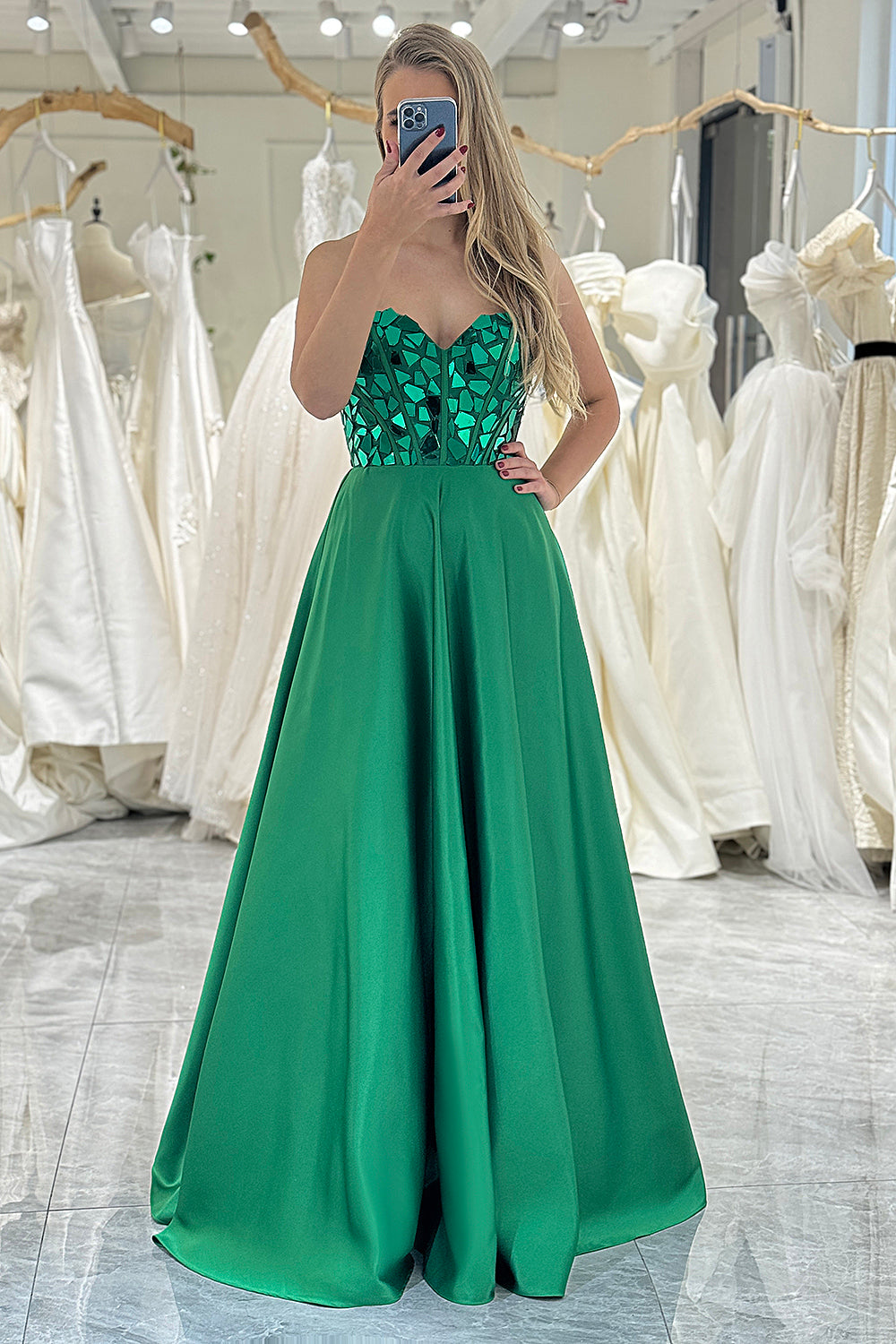 Glitter Dark Green A Line Sweetheart Long Mirror Prom Dress