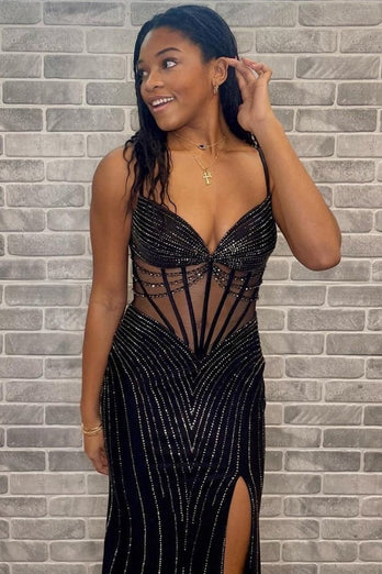 Black Mermaid Corset Prom Dress with Beading