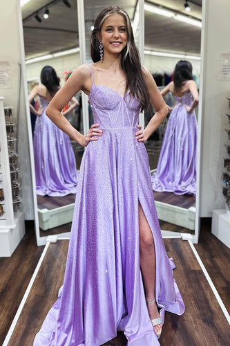 Sparkly Lilac A-Line Corset Long Prom Dresses with Rhinestones