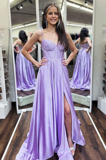 Sparkly Lilac A-Line Corset Long Prom Dresses with Rhinestones