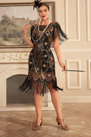 Load image into Gallery viewer, Black Golden Round Neck Sheath 1920s Sequin Fringe Dress with Sleeves