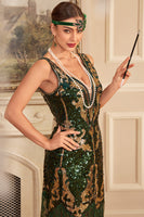 Load image into Gallery viewer, Green Golden Sequins Sheath V-Neck 1920s Great Gatsby Fringe Dress