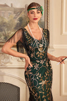 Load image into Gallery viewer, Green Golden V-Neck Sequins Long 1920s Flapper Dress with Fringes