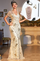 Load image into Gallery viewer, Golden Sequined Fringed Long 1920s Gatsby Dress with Accessories Set