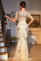 Load image into Gallery viewer, Golden Sequined Fringed Long 1920s Gatsby Dress with Accessories Set