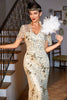 Load image into Gallery viewer, Golden Sequined Fringed Long 1920s Gatsby Dress with Accessories Set