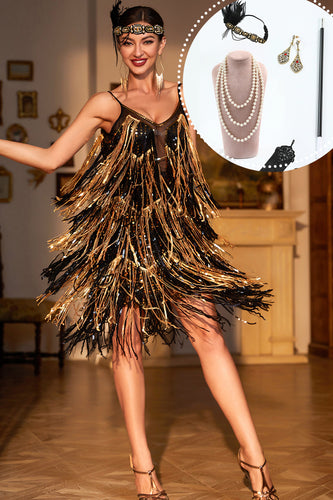 Black Golden Spaghetti Straps Sequin 1920 Dress with 20s Accessories Set