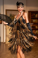 Load image into Gallery viewer, Black Golden Spaghetti Straps Sequin 1920 Dress with 20s Accessories Set