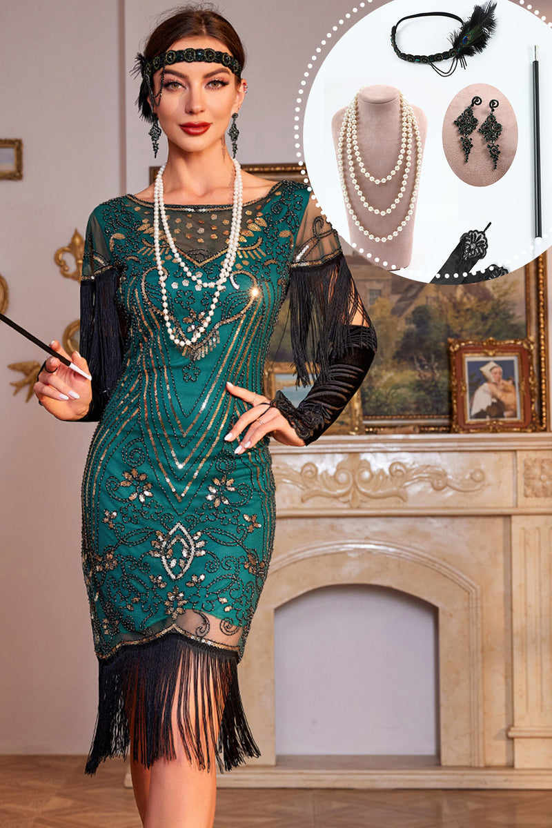 Load image into Gallery viewer, Dark Green Sequined Fringed 1920s Gatsby Dress with Accessories Set
