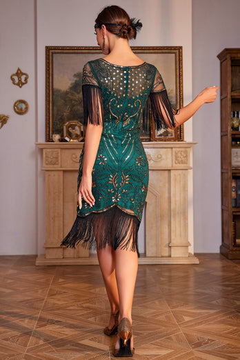 Dark Green Sequined Fringed 1920s Gatsby Dress with Accessories Set