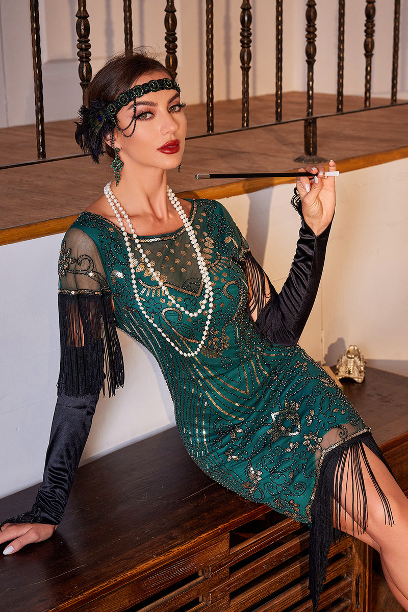 Load image into Gallery viewer, Dark Green Sequined Fringed 1920s Gatsby Dress with Accessories Set