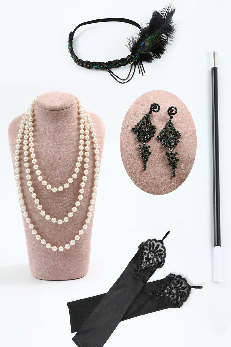 Load image into Gallery viewer, Black Golden Sequined 1920s Flapper Dress with 20s Accessories