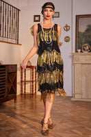 Load image into Gallery viewer, Black Golden Sequined 1920s Flapper Dress with 20s Accessories