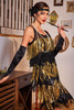 Load image into Gallery viewer, Black Golden Sequined 1920s Flapper Dress with 20s Accessories