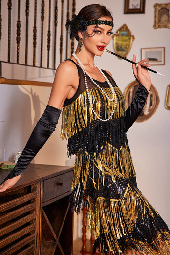 Black Golden Sequined 1920s Flapper Dress with 20s Accessories