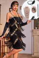 Load image into Gallery viewer, Sparkly Black Golden Sequined 1920s Flapper Dress with 20s Accessories