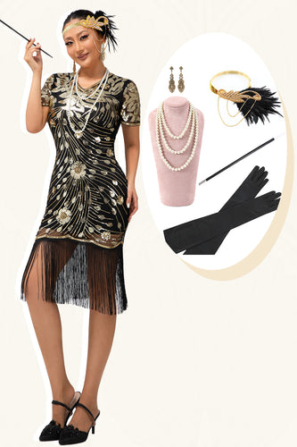 Sparkly Black Golden Fringed Sequins Flapper Dress with 20s Accessories Set
