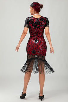 Sparkly Black Red Fringed Bodycon Flapper Dress with 20s Accessories Set