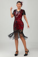 Load image into Gallery viewer, Sparkly Black Red Fringed Bodycon Flapper Dress with 20s Accessories Set