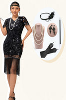 Load image into Gallery viewer, Sparkly Black Fringed Bodycon Short Sleeves Flapper Dress with 20s Accessories Set