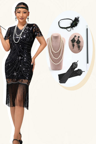 Sparkly Black Fringed Bodycon Short Sleeves Flapper Dress with 20s Accessories Set