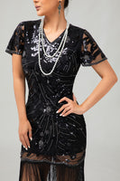 Load image into Gallery viewer, Sparkly Black Fringed Bodycon Short Sleeves Flapper Dress with 20s Accessories Set