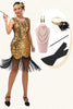 Load image into Gallery viewer, Sparkly Black Golden Fringed Sequins Flapper Dress with 20s Accessories Set
