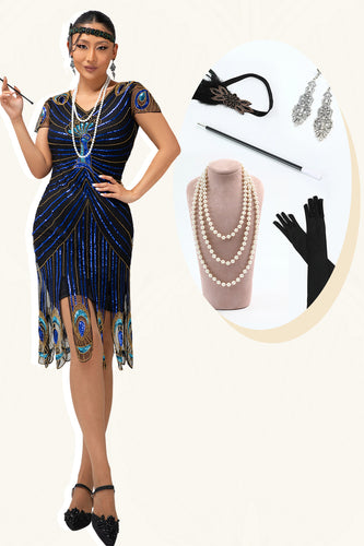 Sparkly Black Blue Bodycon Short Sleeves Flapper Dress with 20s Accessories Set