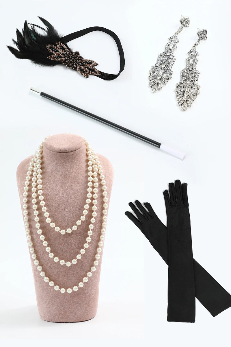 Load image into Gallery viewer, Sparkly Black Blue Bodycon Short Sleeves Flapper Dress with 20s Accessories Set