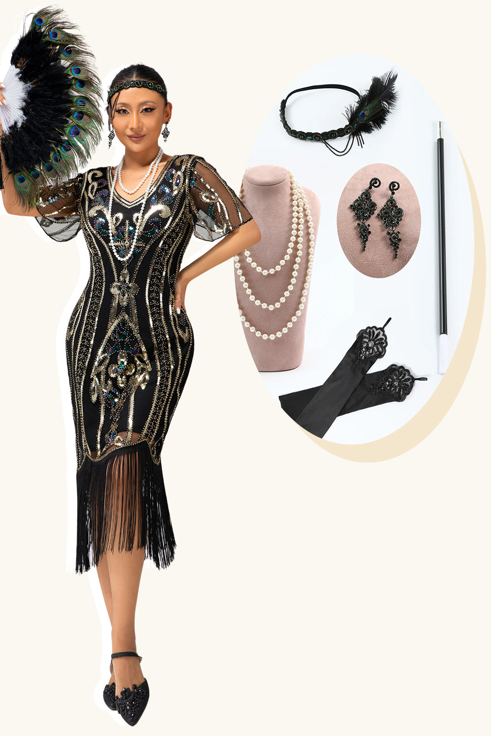 Sparkly Black Golden Bodycon Sequins Short Sleeves Flapper Dress with Fringes